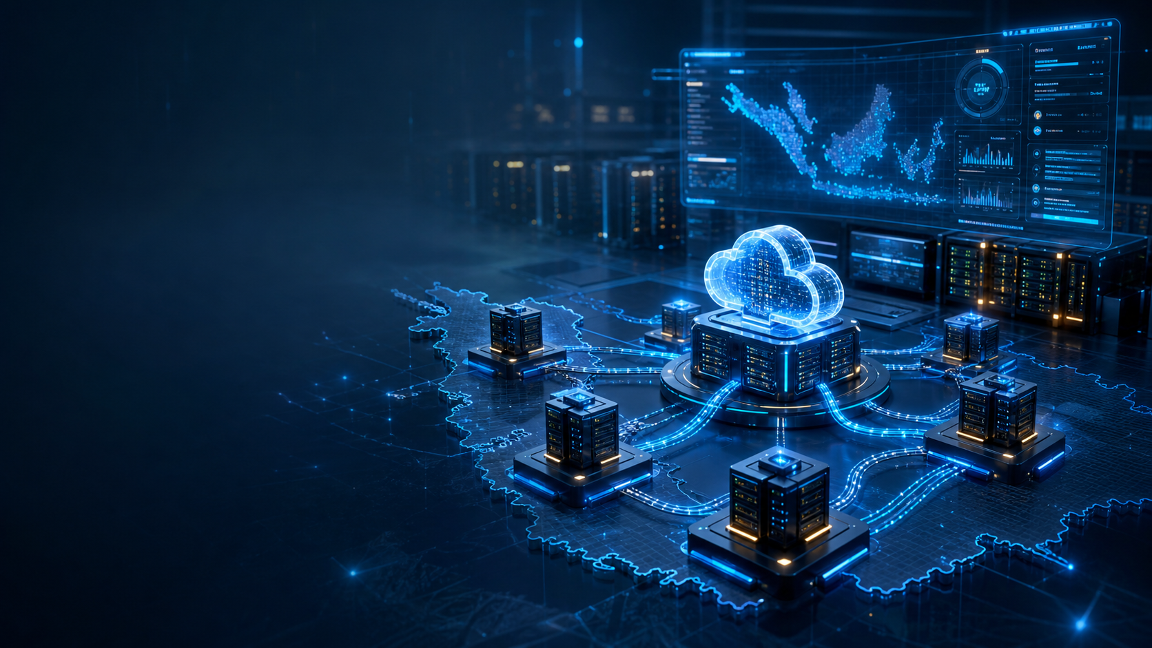 3D cloud infrastructure with server racks, network routes and Malaysia data center operations