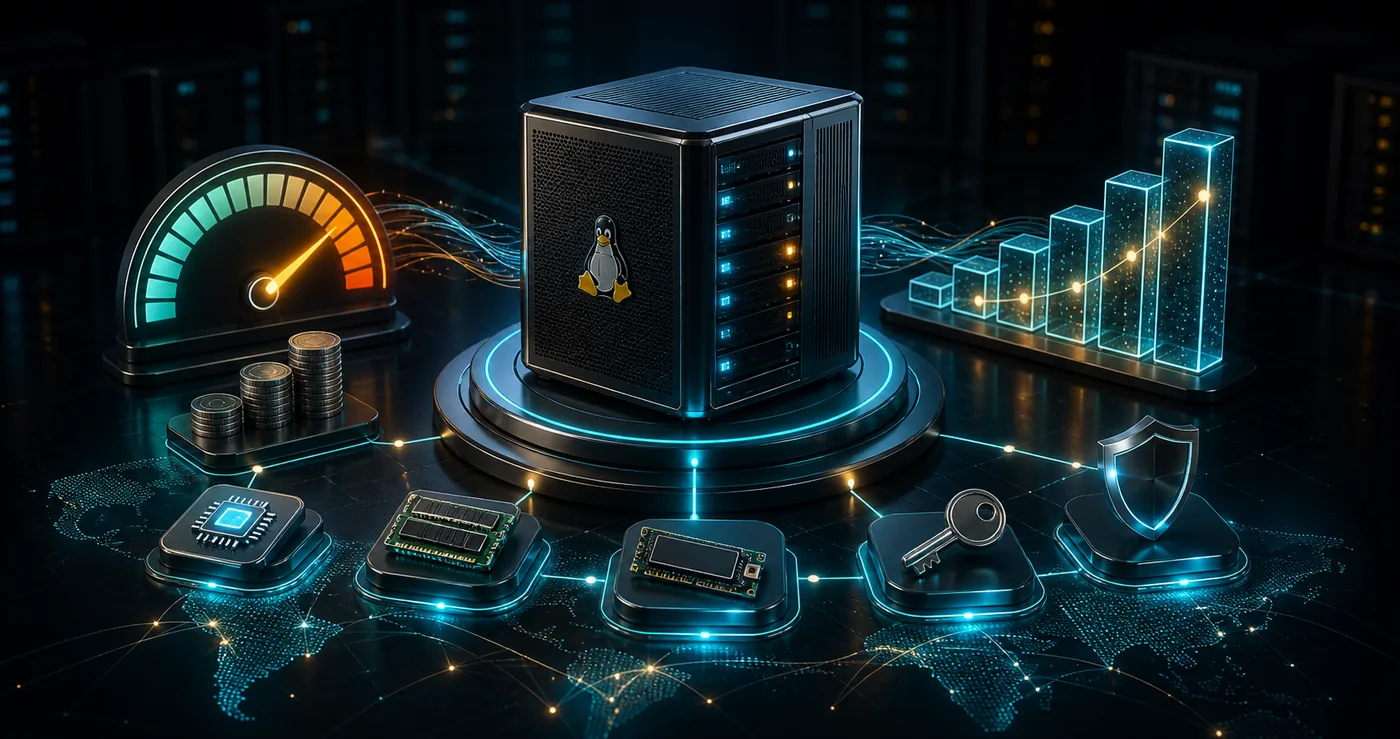 3D compact Linux VPS server with CPU RAM NVMe modules price efficiency gauge root key and security shield