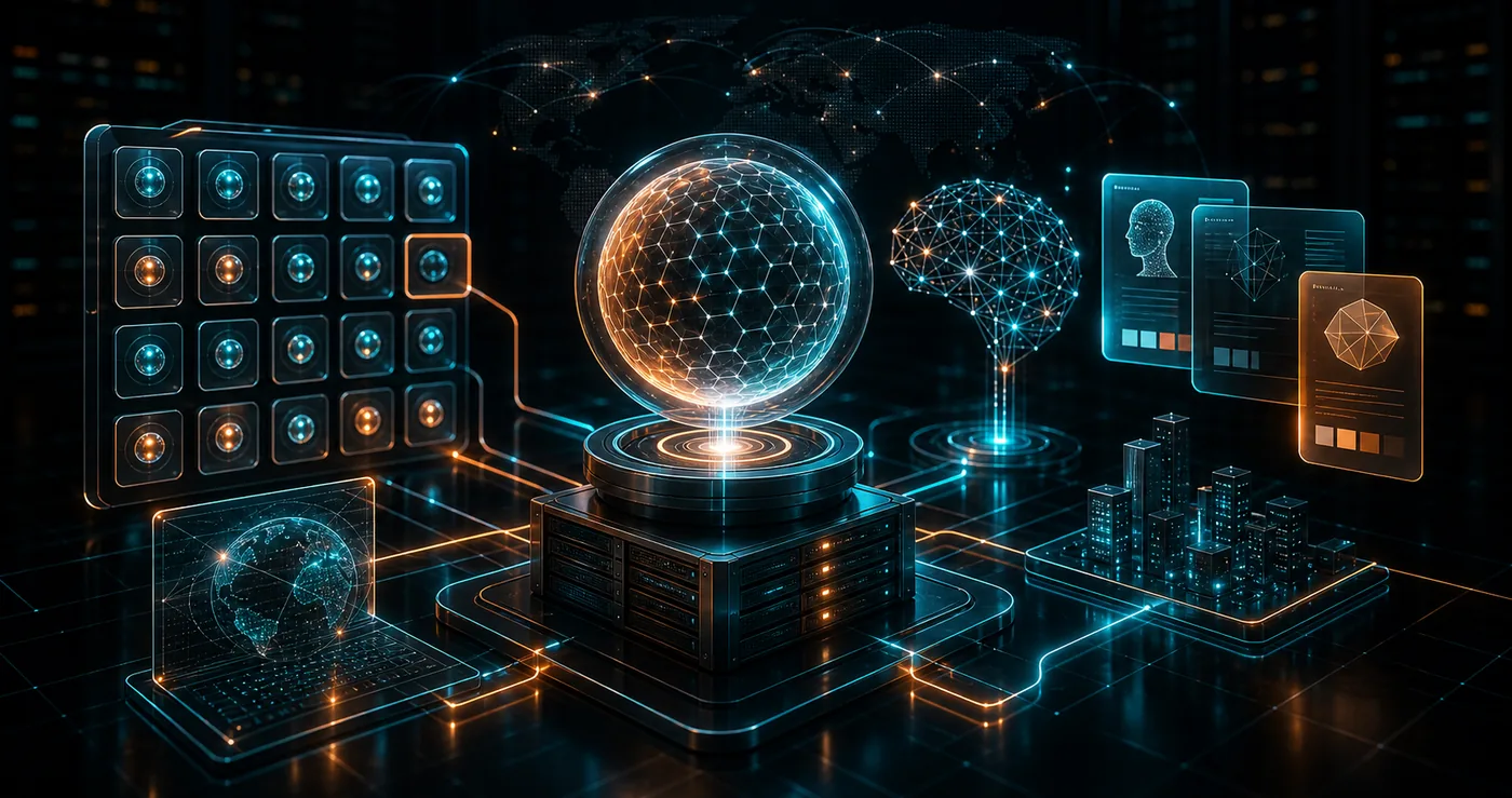 3D futuristic domain registry orb connected to AI neural network, startup brand cards and secure hosting foundation