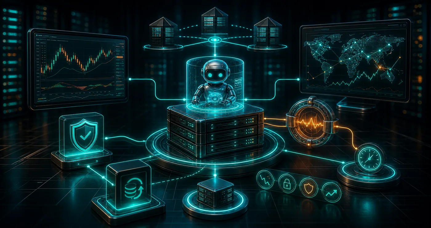 3D automated trading bot running on secure VPS with risk shield, stop-loss controls and broker connection lines
