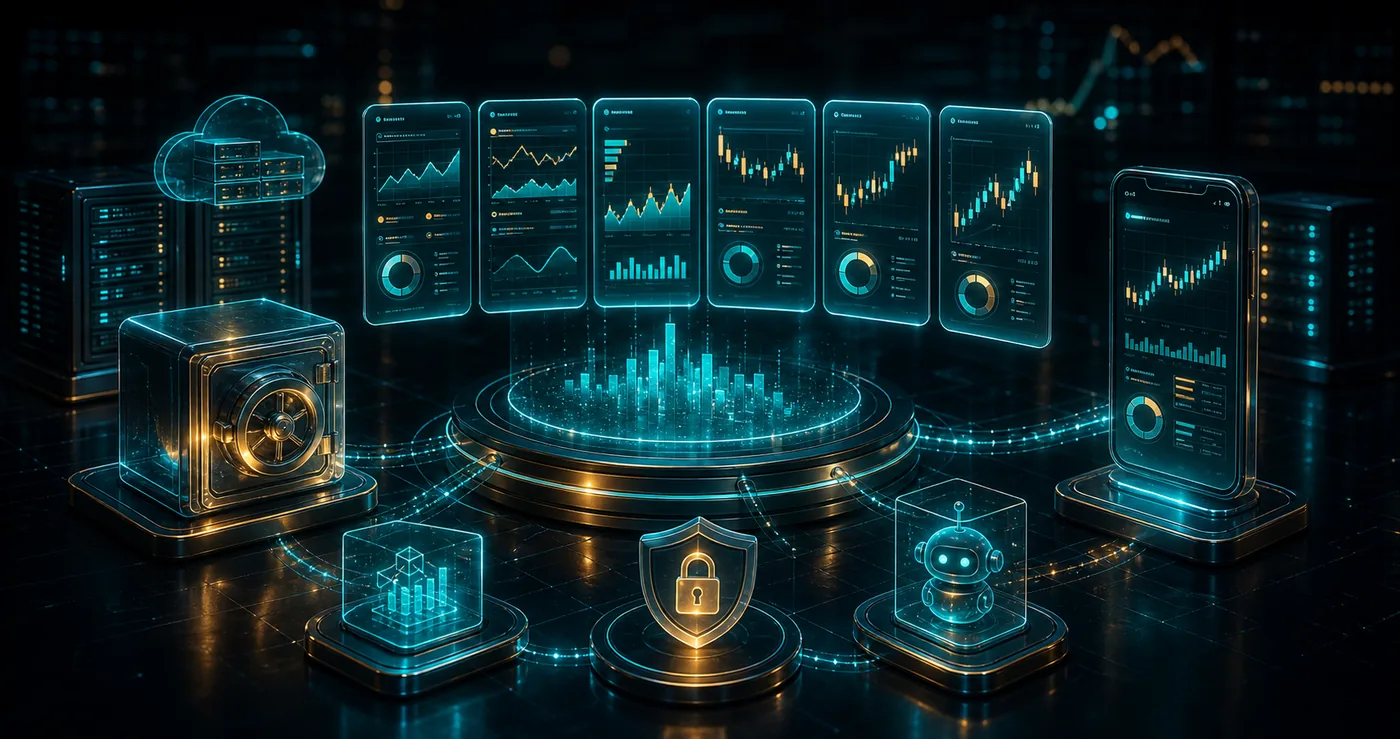 3D crypto exchange comparison hub with secure wallet vault mobile app panel market streams and VPS bot node