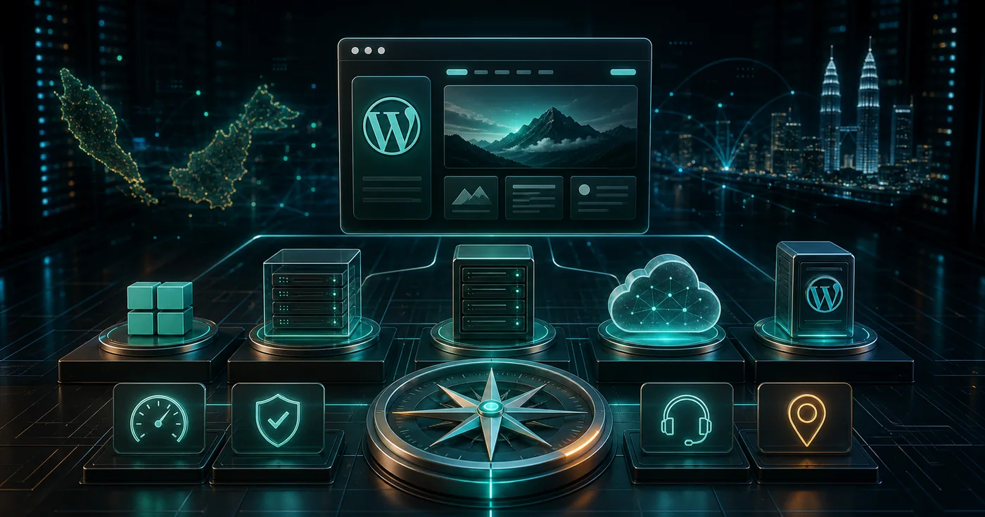 3D WordPress hosting decision compass with shared, VPS, dedicated, cloud and managed hosting options