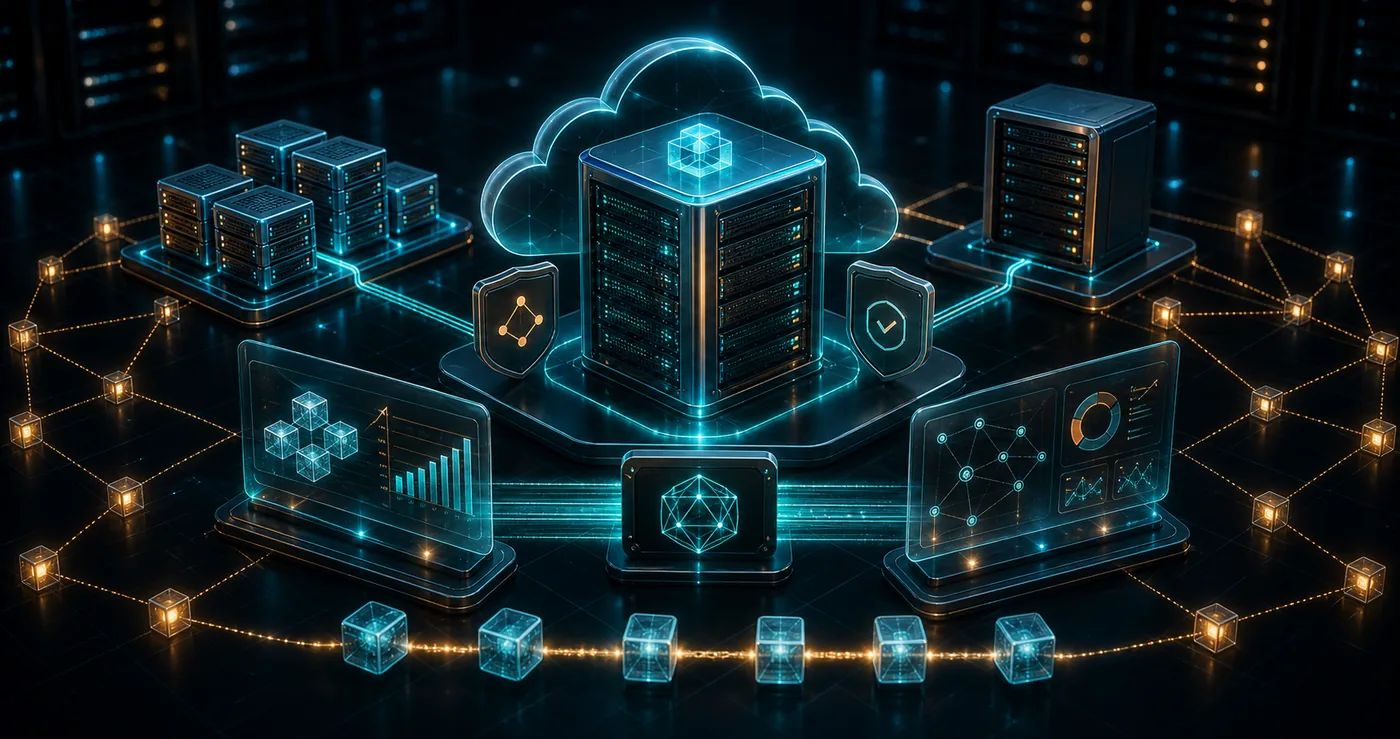 3D blockchain node hosted on cloud infrastructure with validator server RPC gateway and peer network