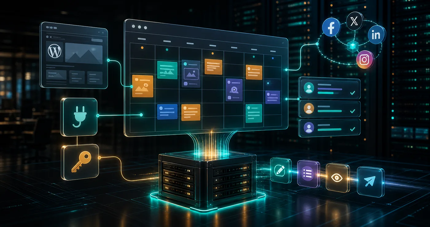 3D WordPress editorial calendar workflow connected to plugin module, social channels and hosting server