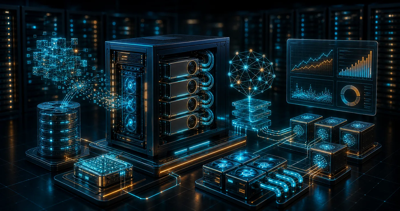 3D dedicated server with GPU accelerator modules powering machine learning training and inference workloads