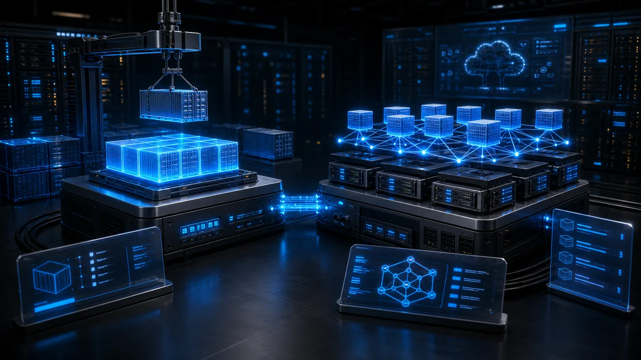 3D Docker-style container engine connected to a Kubernetes-style orchestration cluster