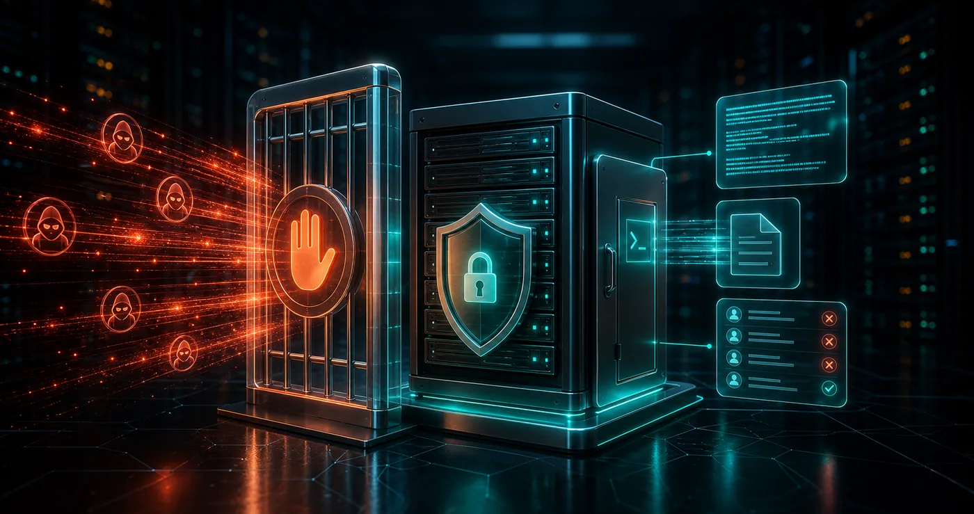 3D Linux server protected by Fail2Ban-style automated ban gate blocking suspicious SSH login attempts