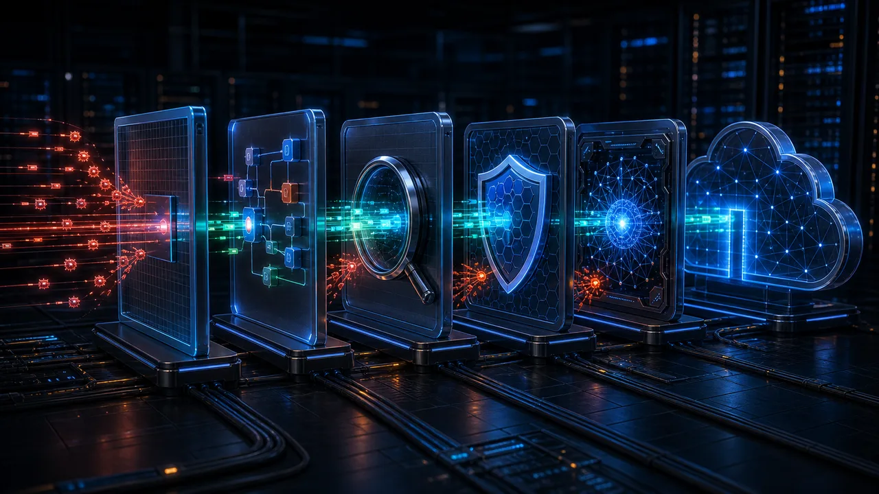 3D layered firewall defense system with packet filtering proxy WAF and cloud firewall layers