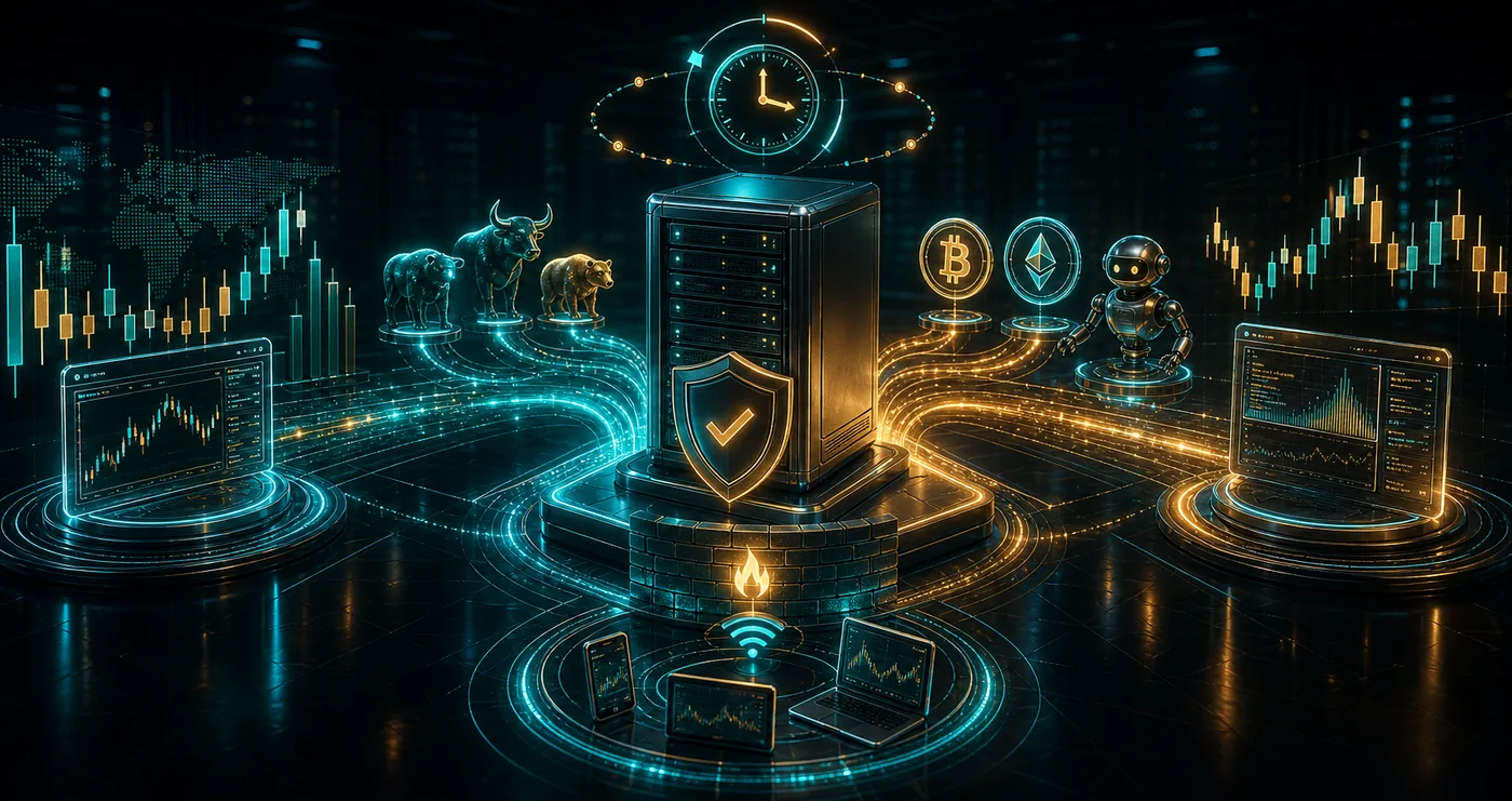3D VPS server powering separate forex and crypto trading lanes with low latency rings automation shield and uptime orbit