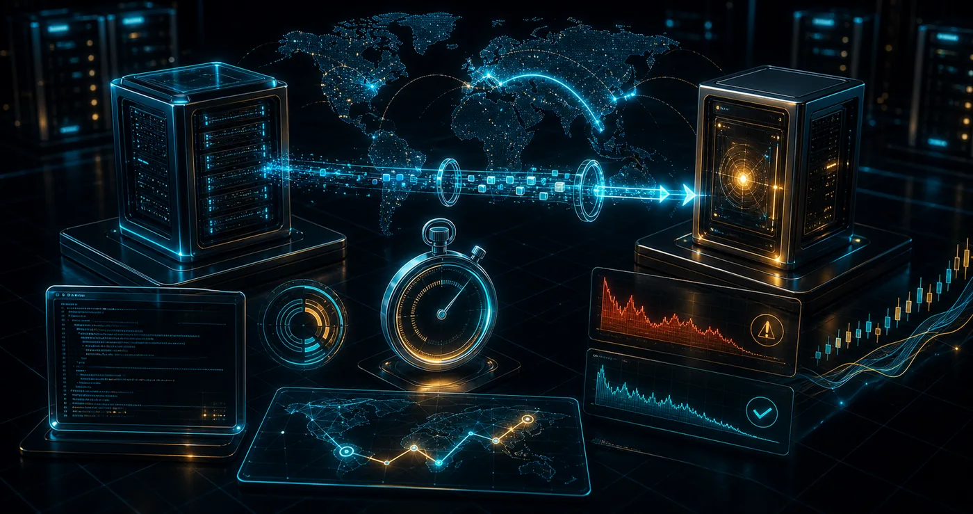 3D Forex VPS measuring latency to broker endpoint with timed network packets and low latency route