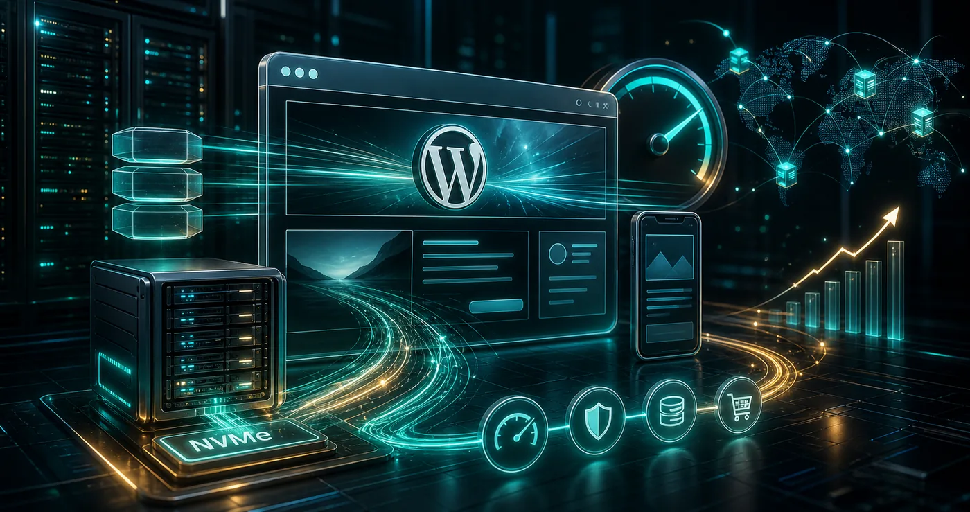 3D fast WordPress hosting stack with NVMe server, cache layers, CDN nodes and speed trails