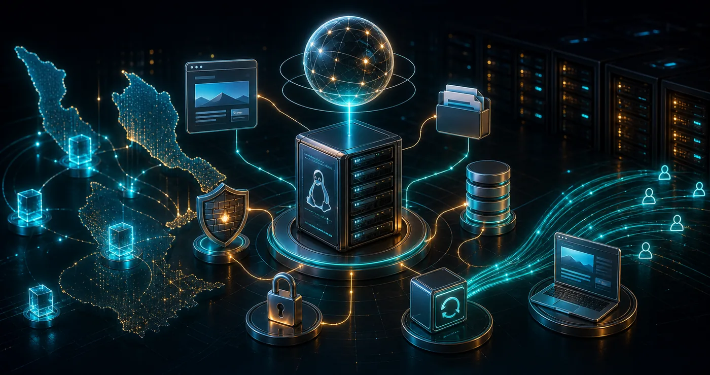 3D Linux VPS website hosting stack with domain DNS orb web server database SSL firewall backup and Malaysia visitor traffic