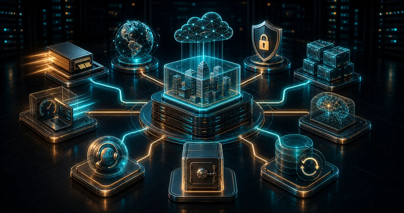3D enterprise hosting platform surrounded by speed security scalability backup compliance and support modules