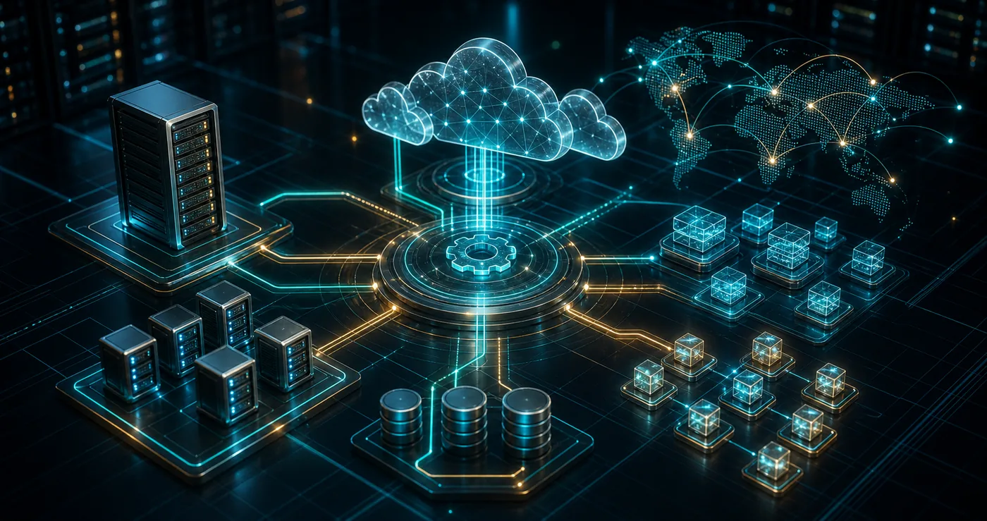 3D hybrid hosting architecture connecting dedicated server, VPS nodes, cloud cluster, CDN edge and database storage