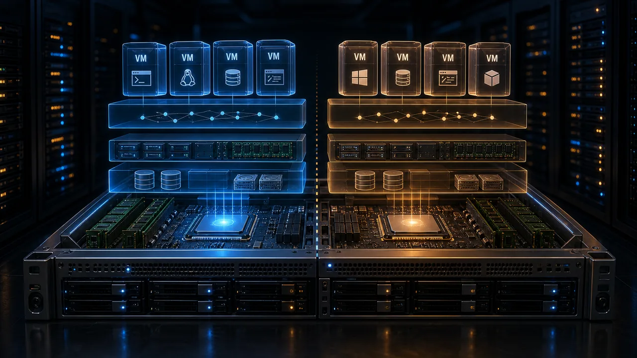 3D server split into KVM and Hyper-V virtualization stacks with floating virtual machines