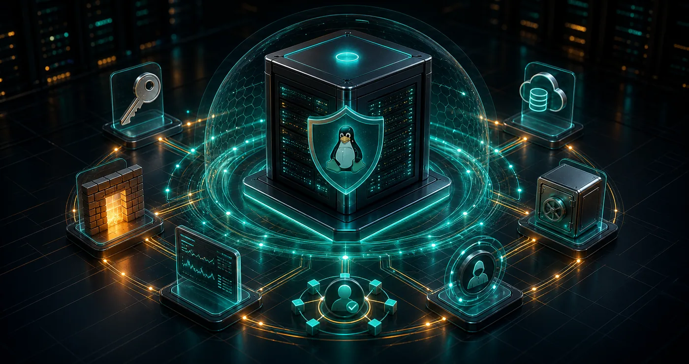 3D Linux VPS server protected by layered security shields, SSH keys, firewall and backup vault