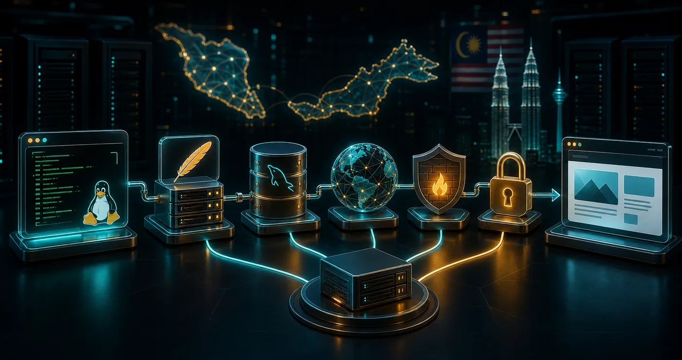 3D beginner Linux VPS setup pipeline with SSH terminal Apache web server MySQL database DNS route firewall and SSL lock