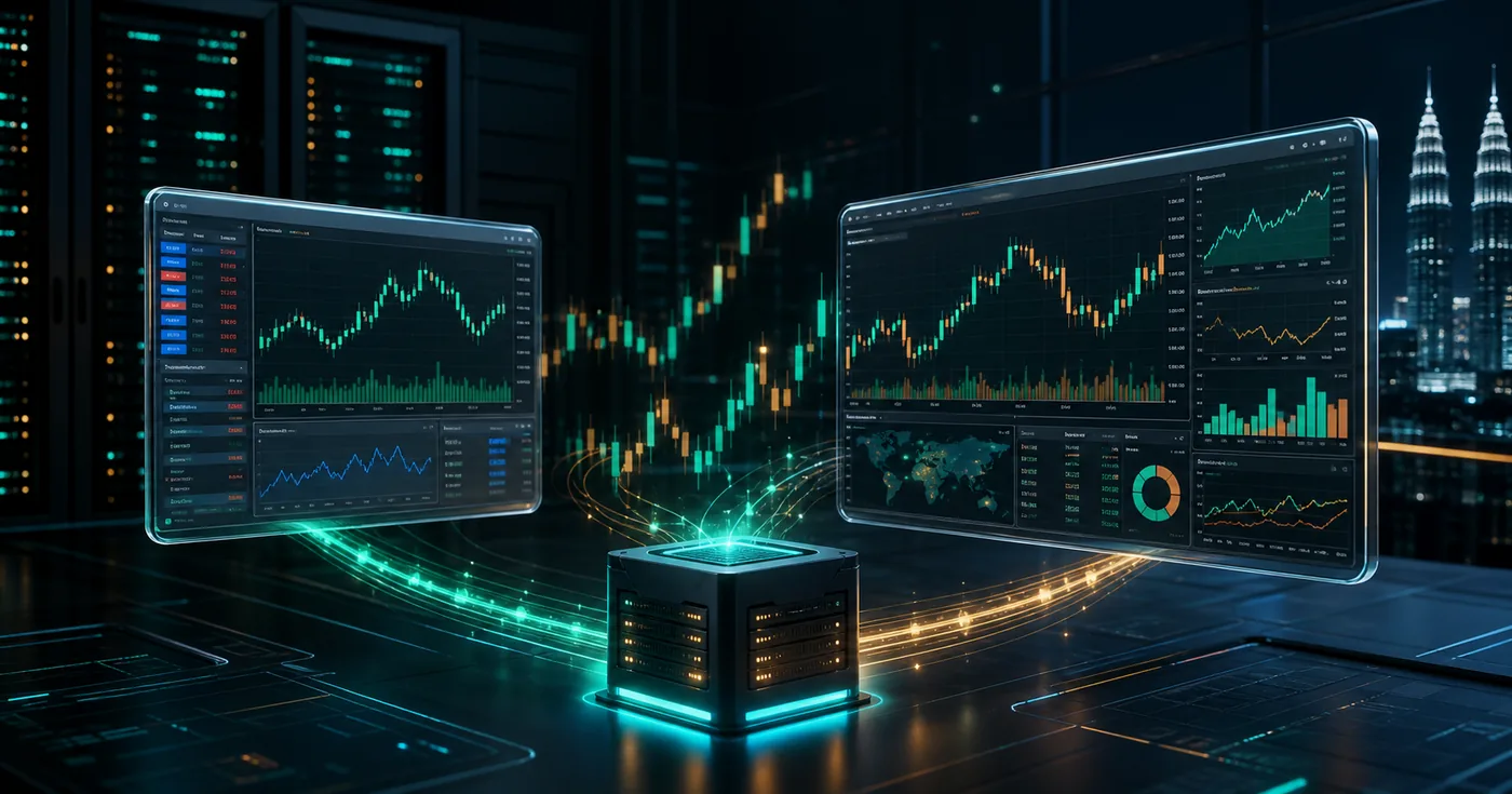 3D fintech comparison of two trading terminals connected to a low latency VPS server