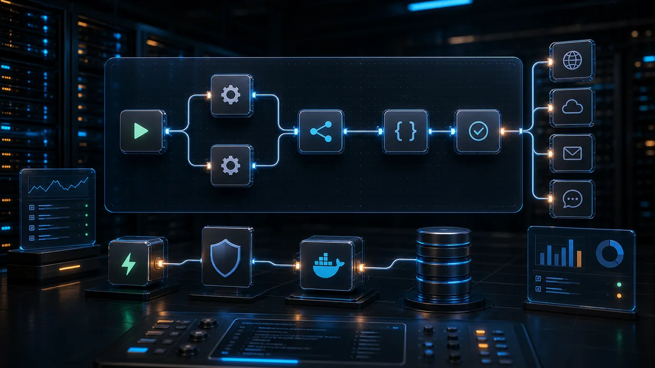 3D n8n-style workflow automation graph with Docker PostgreSQL reverse proxy and API nodes