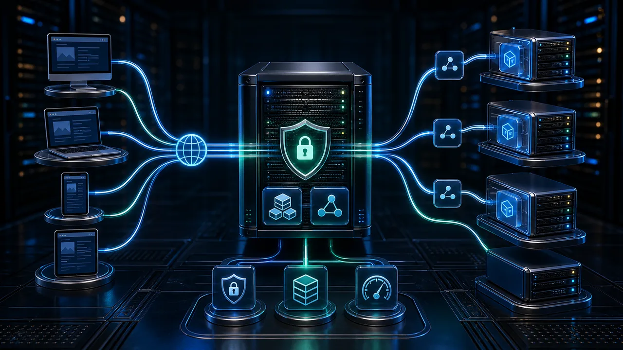 3D reverse proxy gateway routing browser traffic to backend app servers with SSL and cache layers