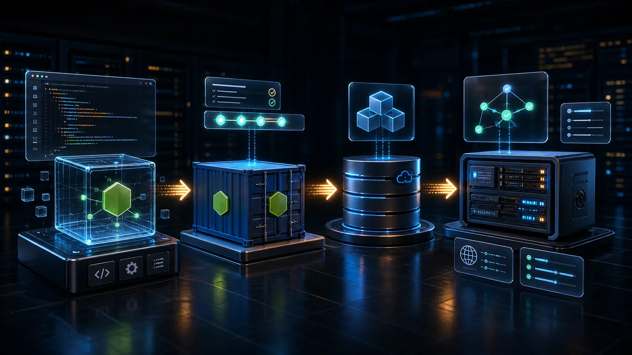 3D Node.js application cube being containerized and deployed to a VPS server pipeline