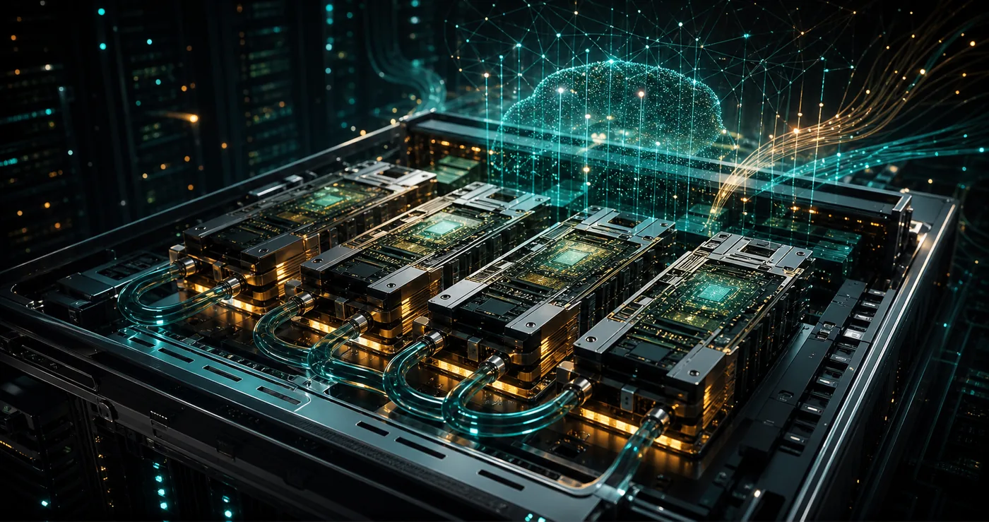3D AI datacenter GPU server with glowing accelerator modules and neural network light streams