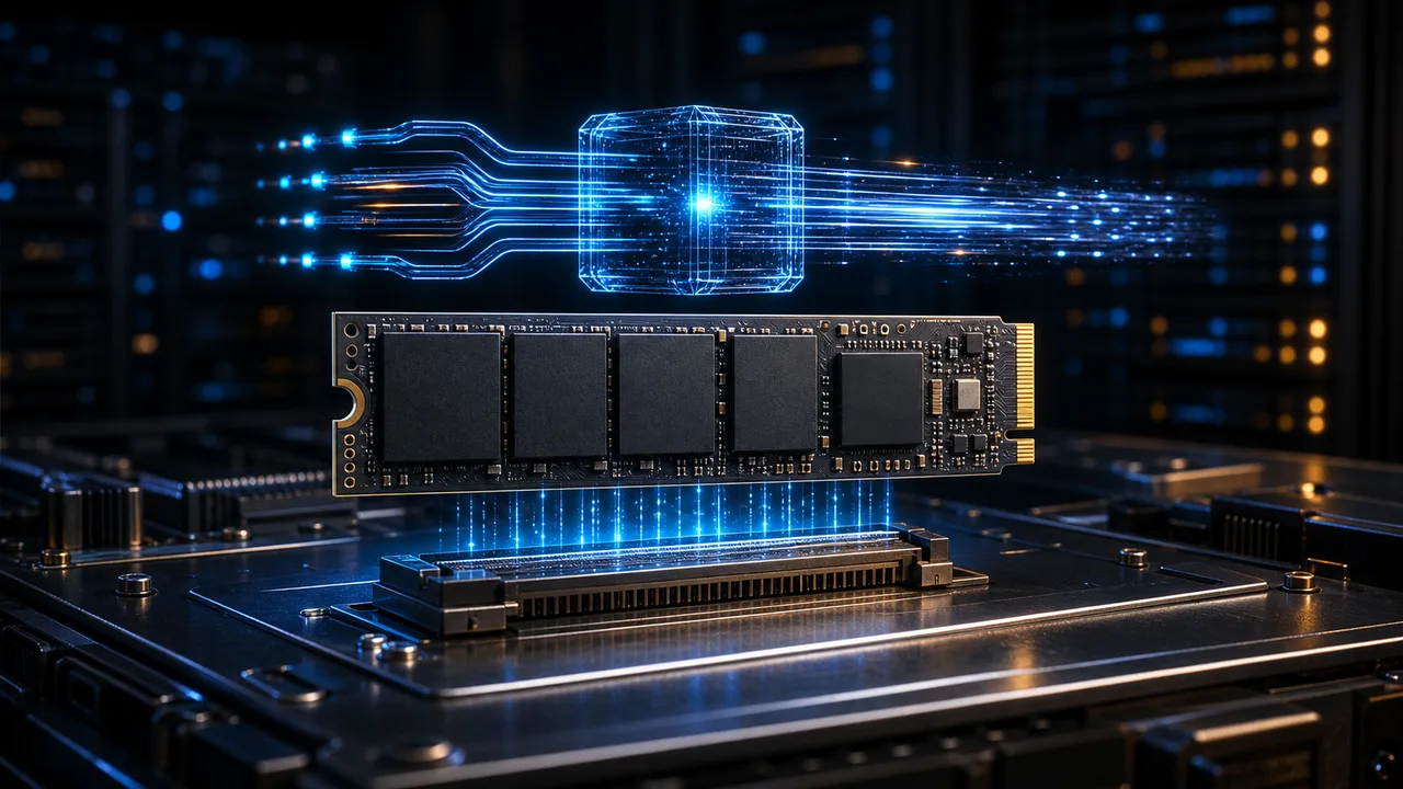3D M.2 SSD module with glowing NVMe PCIe data lanes