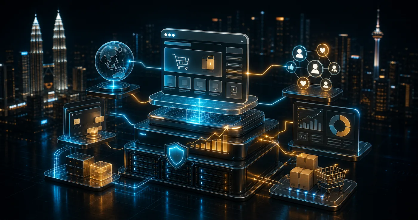 3D online business launch pipeline with storefront domain payment analytics marketing nodes and VPS hosting foundation