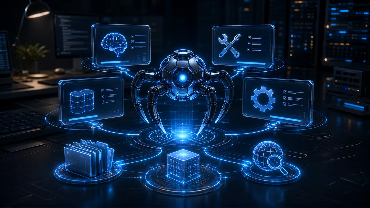 3D OpenClaw-style AI agent core connected to reasoning tools memory and action modules