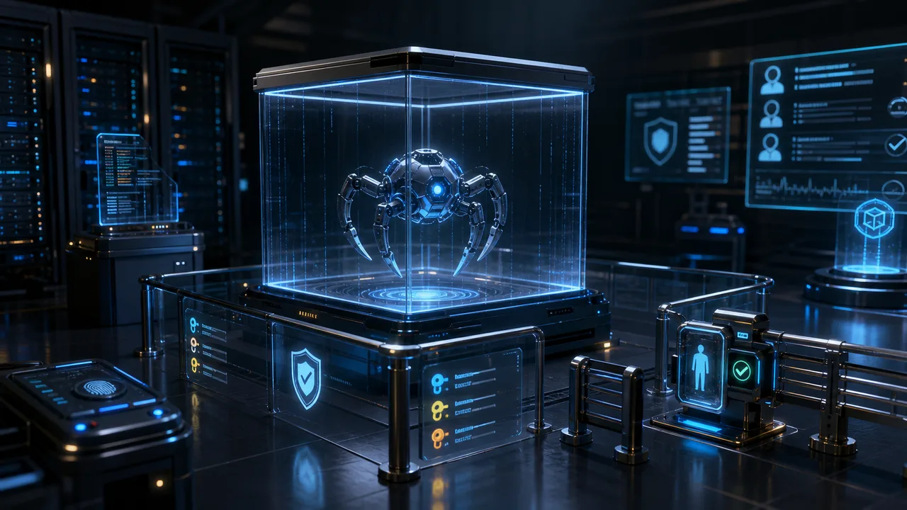3D AI agent containment cube with guardrails and permission controls