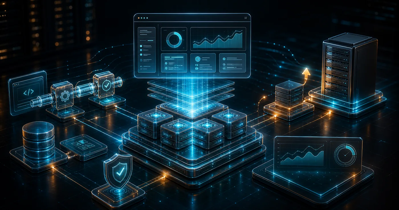 3D SaaS application stack launching from VPS server blocks with database API security monitoring and scaling modules