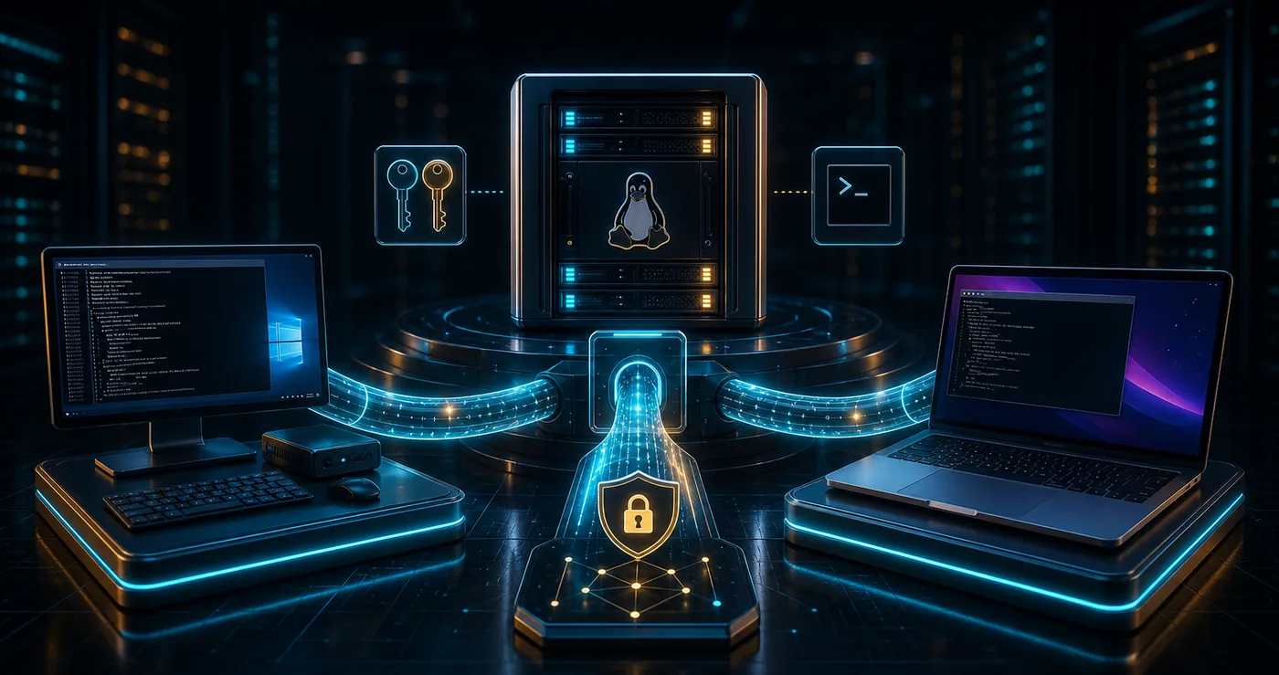 3D Windows and Mac client devices connecting to Linux VPS through encrypted SSH tunnel and key gateway