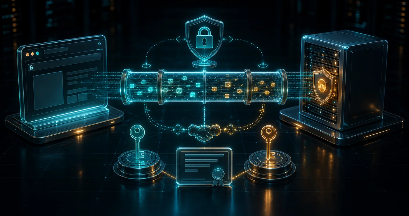 3D encrypted TLS tunnel between browser and hosting server with certificate seal key pair and secure data blocks