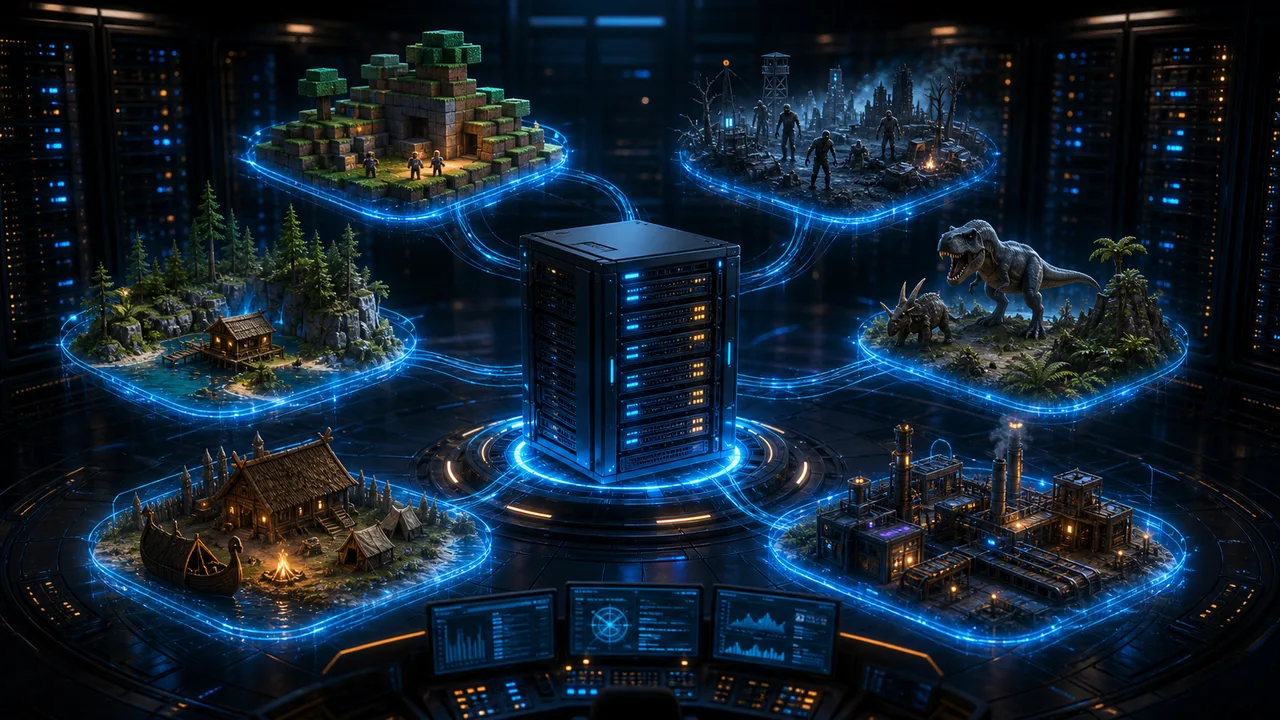 3D dedicated server powering multiple survival game worlds and biomes