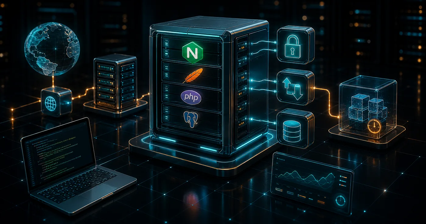 3D manual VPS web hosting stack with command line server, web gateway, database, DNS, SSL and backup modules