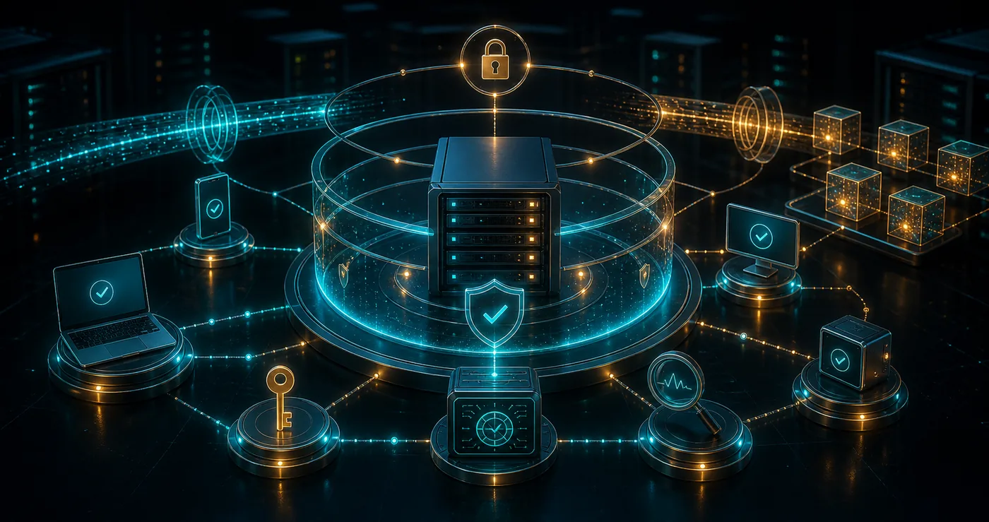 3D VPS server protected by identity-aware access rings microsegmented workload cubes encrypted tunnel and policy engine