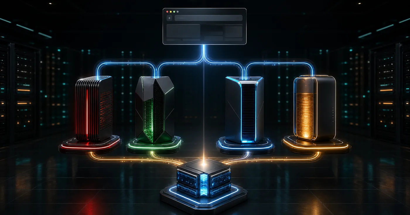 3D comparison of four web server gateway towers routing website traffic to an origin server