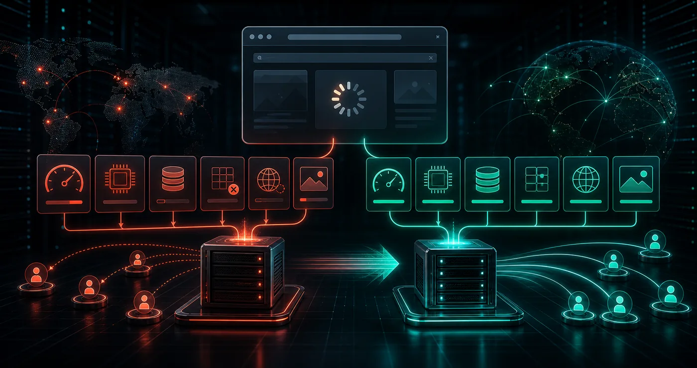 3D website performance diagnostic showing slow hosting bottlenecks and optimized hosting path