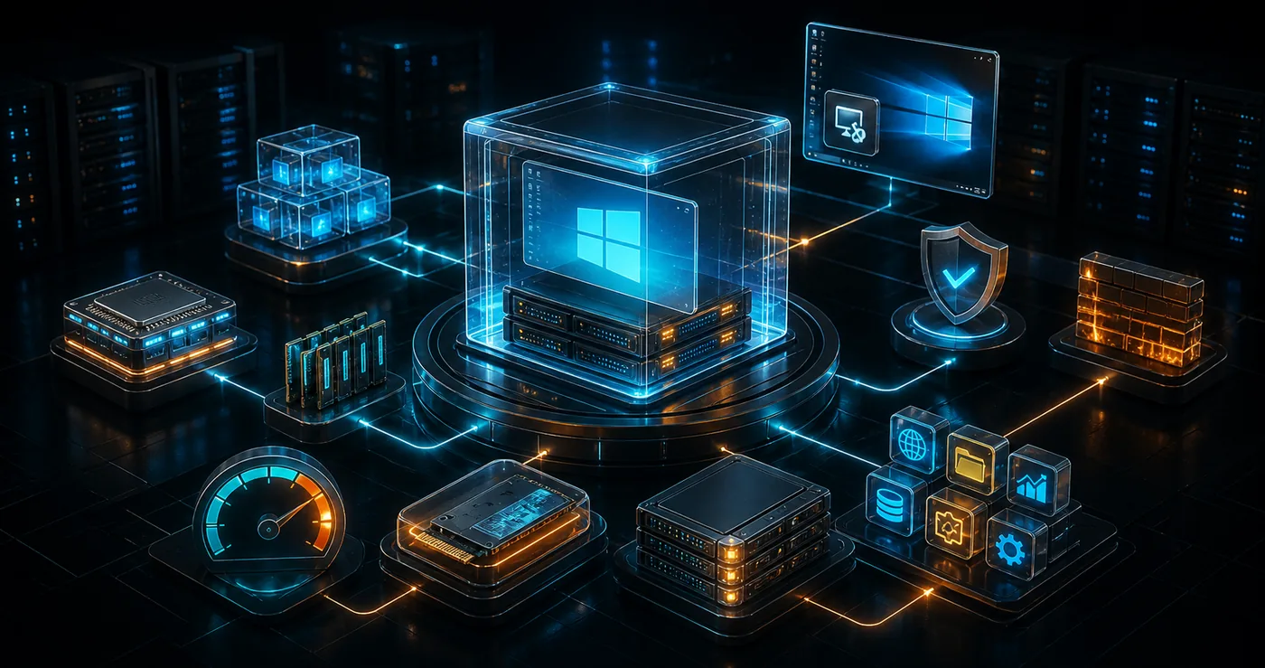 3D modern Windows VPS virtual machine with hypervisor layers NVMe storage scalable CPU RAM remote desktop and uptime shield