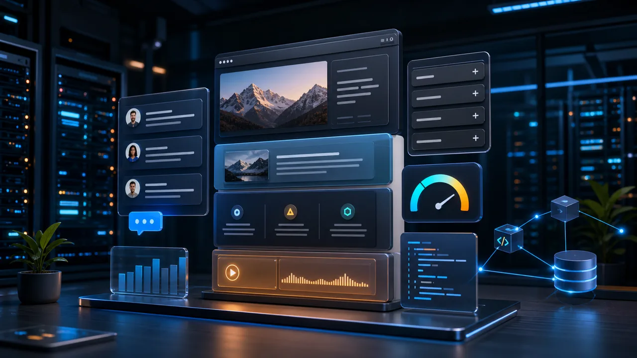3D content management workspace with collaboration blocks and performance controls