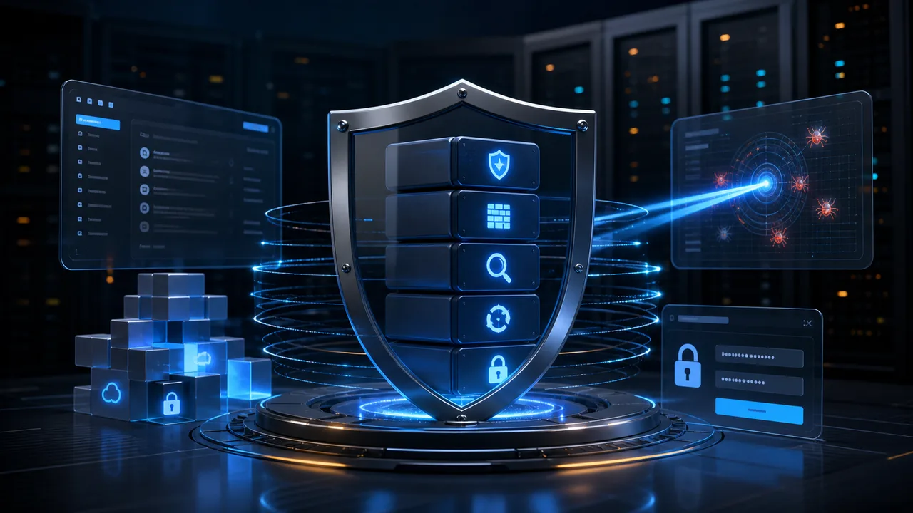 3D WordPress security shield protecting plugin modules and firewall layers