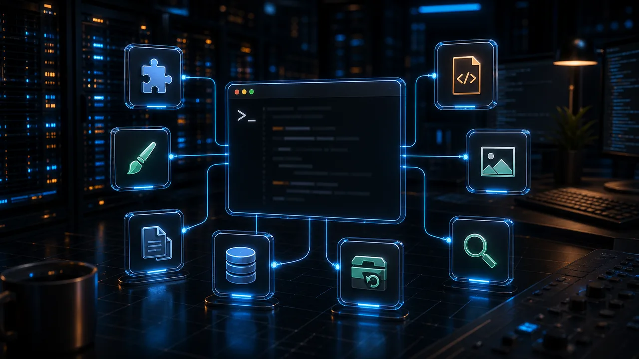 3D command-line console controlling WordPress-style plugins themes posts database and backup modules