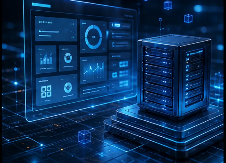 3D cPanel VPS dashboard connected to web hosting server infrastructure
