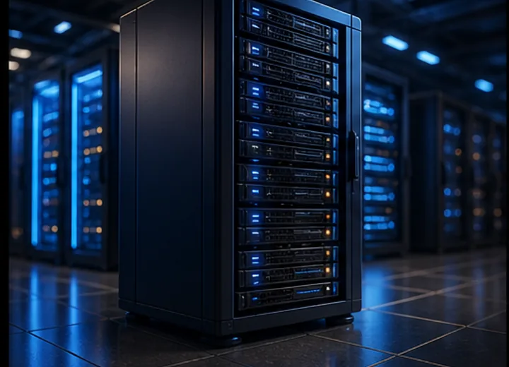 3D dedicated server infrastructure with bare metal racks and network paths