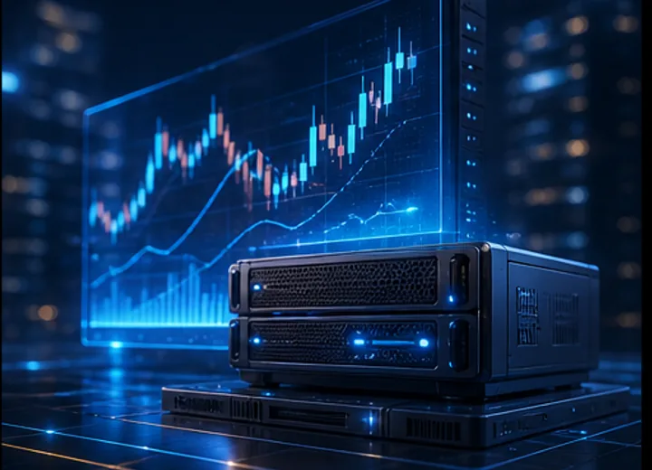 3D Forex VPS trading graph hologram beside low latency server hardware
