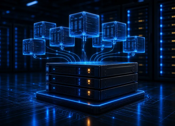 3D Linux OpenVZ VPS server cluster with connected container nodes