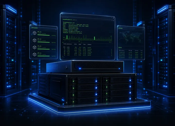 3D Linux KVM VPS cloud server nodes with glowing network routes