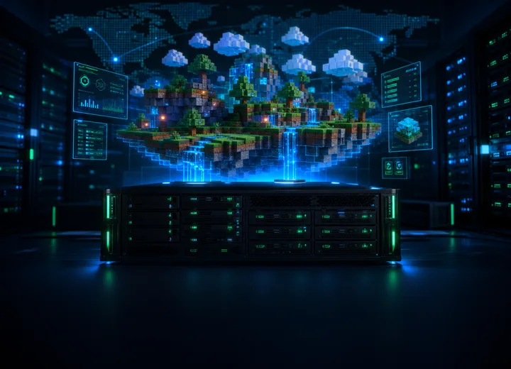 3D Minecraft VPS game server infrastructure visual with block world and server nodes