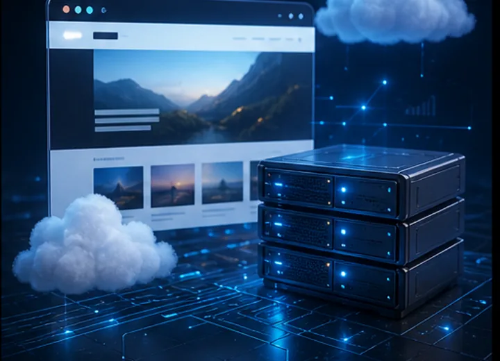 3D web hosting website dashboard connected to cloud server infrastructure