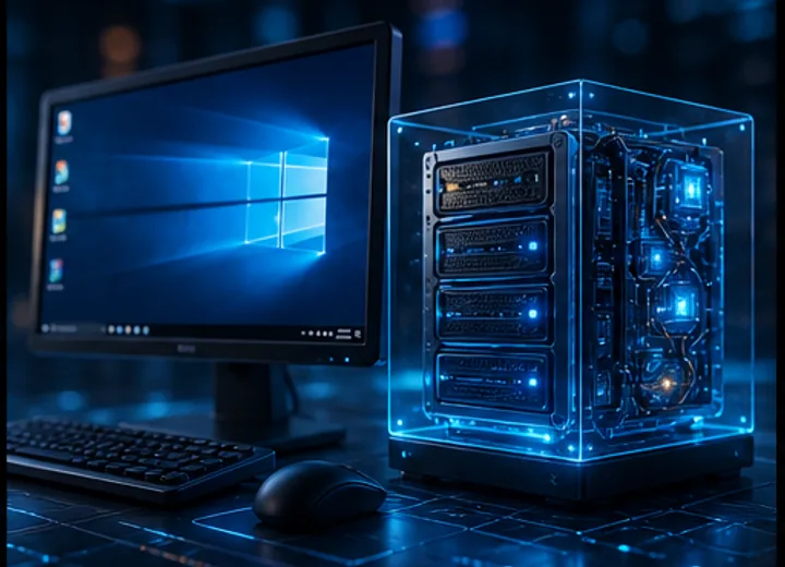 3D Windows VPS remote desktop workstation connected to server infrastructure